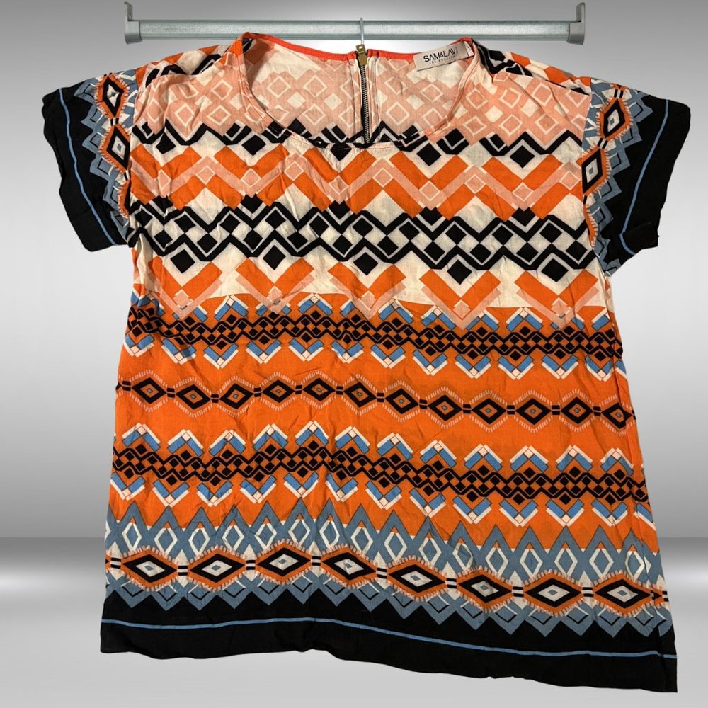 Anthropologie Sam & Lavi Short Sleeve Orange Chevron, Navy Diamond Pattern Shirt